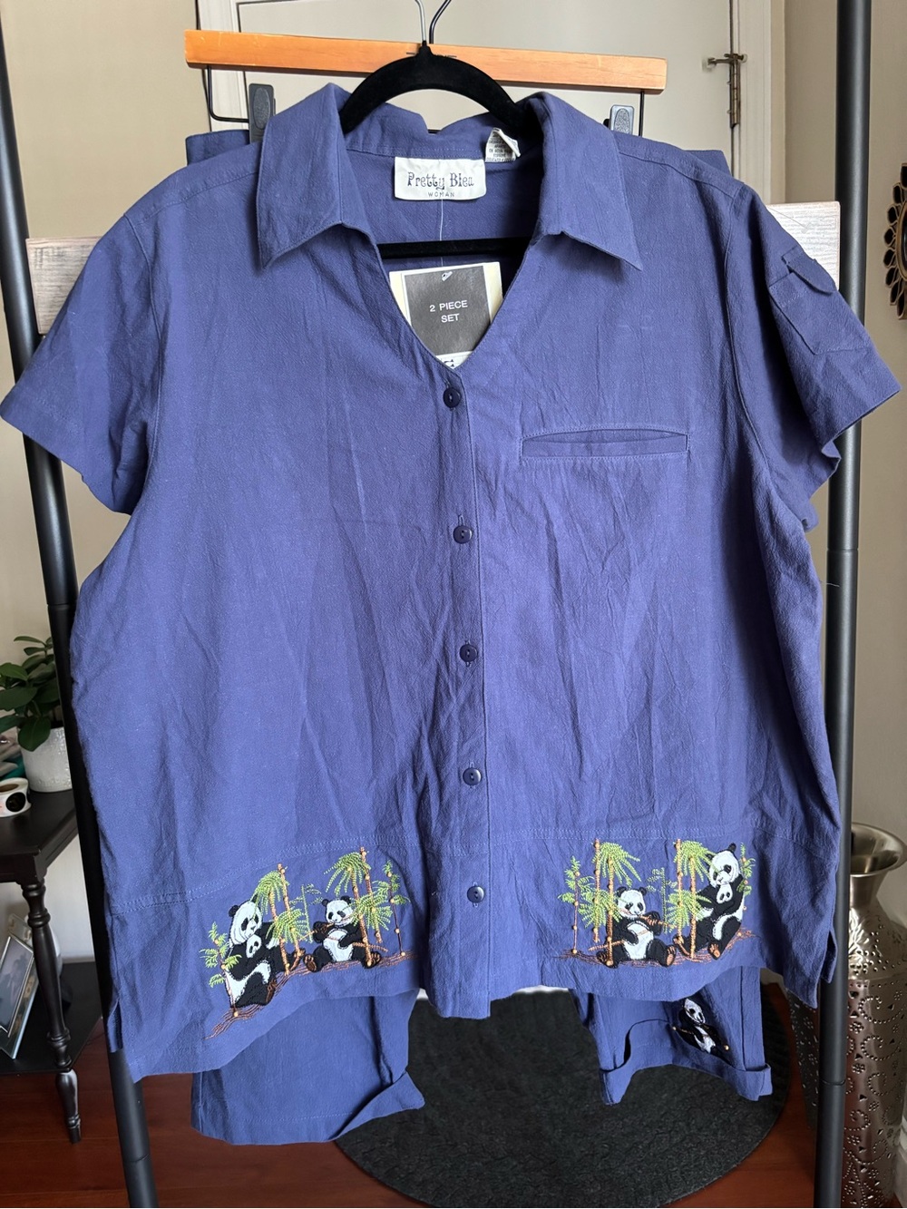 Navy Short-Sleeve Button Shirt with Panda Embroidery